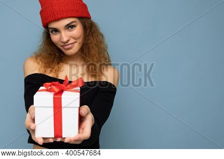 Shot Of Attractive Positive Smiling Young Woman Isolated Over Colourful Background Wall Wearing Ever