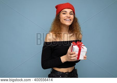 Shot Of Attractive Positive Smiling Young Woman Isolated Over Colourful Background Wall Wearing Ever