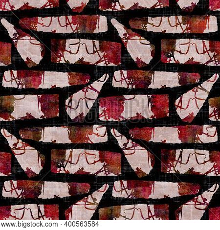 Seamless Dark Geometric Block Print Background. Boho Ethnic Soft Furnishing Fabric Style. Tie Dye Pa