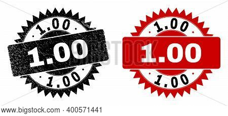 Black Rosette 1.00 Seal. Flat Vector Distress Seal Stamp With 1.00 Title Inside Sharp Rosette, And O