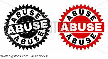 Black Rosette Abuse Seal Stamp. Flat Vector Scratched Watermark With Abuse Message Inside Sharp Rose