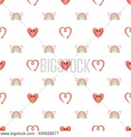 Rainbow Valentines Day Pink Background. Pink Rainbows, Snake, Boho Heart Samless Pattern. Wedding Ro