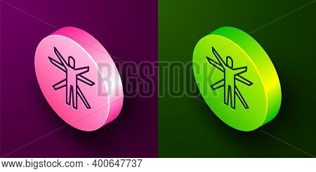 Isometric Line Vitruvian Man By Leonardo Da Vinci Icon Isolated On Purple And Green Background. Huma