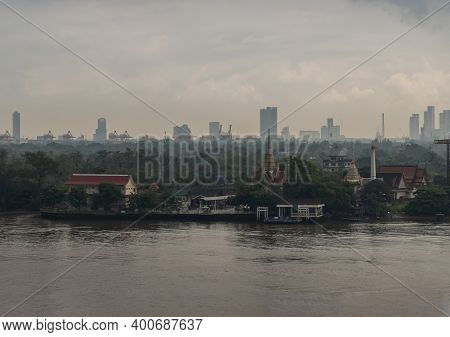 Aerial View Overlooking Green Area Of Bang Kachao Lung And Bang Krachao Nok Temple Pier With A Chao 