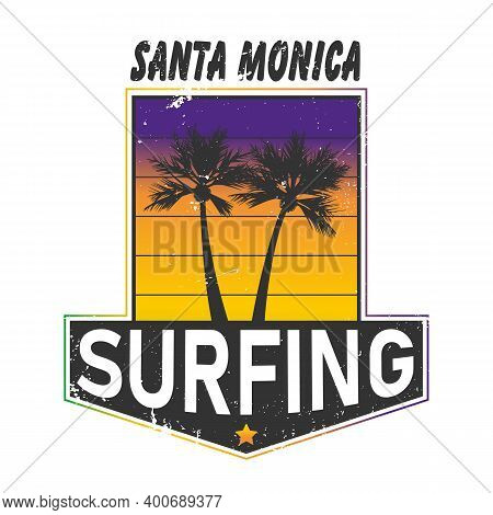 Santa Monica Tee Print With Surfboard And Palms. T-shirt Design, Graphics, Stamp, Label, Typography.