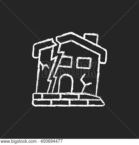 Dilapidated House Chalk White Icon On Black Background. Abandoned Buildings. Dangers In Old Houses. 