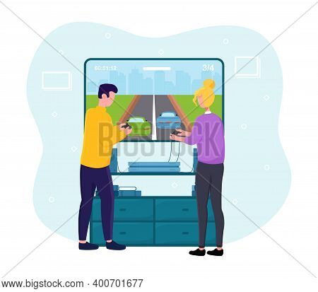 Cute Couple Playing Video Games Together. Male And Female Characters Standing Next To Screen Hlding 