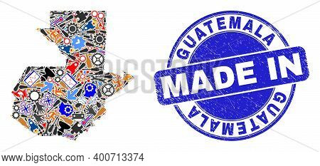 Technical Mosaic Guatemala Map And Made In Distress Rubber Stamp. Guatemala Map Mosaic Composed With