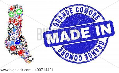 Industrial Mosaic Grande Comore Island Map And Made In Textured Rubber Stamp. Grande Comore Island M