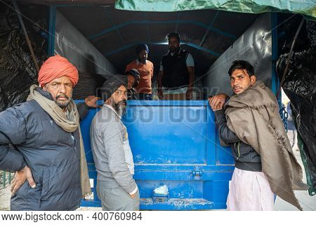 New Delhi, India - December 2020: Portrait Of Group Of Farmers During The Protest At Delhi Haryana B