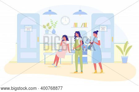 Pregnant Women Wait In Queue Or Line For Gynecologist Flat Cartoon Vector Illustration. Waiting For 