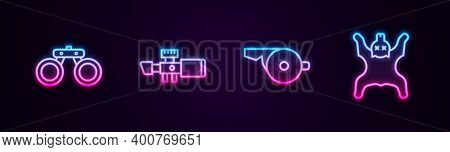 Set Line Binoculars, Sniper Optical Sight, Whistle And Bear Skin. Glowing Neon Icon. Vector