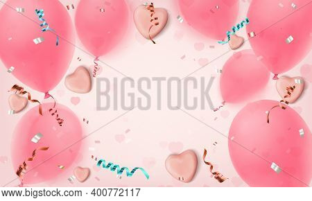 Abstract Pink Background With Realistic Candy Hearts, Balloons, Konfetti And Ribbons.