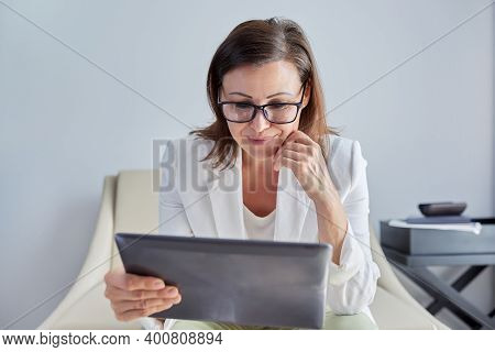 Female Psychologist, Psychiatrist Looking At Webcam Digital Tablet. Video Conference, Specialist Tal