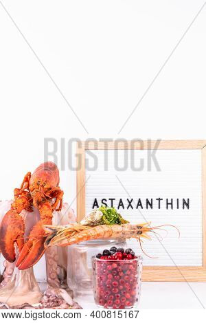 Astaxanthin Healthy Nutrition Food, Rich In Iodine, Omega3, Antioxidants On White Background, Copy S