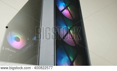 Coolers In A Computer With Backlit Close-up. High Quality Photo