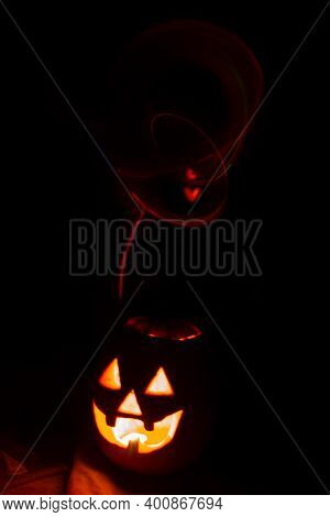 Helovin Pumpkin Scary, Jack O Lantern. Halloween Pumpkin With Candle