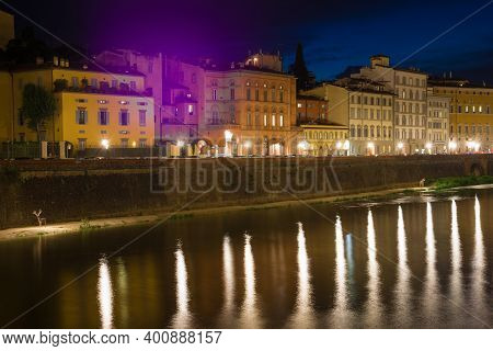 Florence, Italy - September 19, 2017: Old City Embankment In The Night Illumination