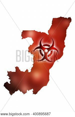 Biohazard Sign Against The Background Of A Contour Map Of Republic Of The Congo With A Red Glow. The