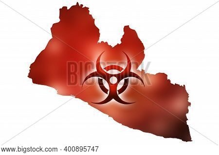 Biohazard Sign Against The Background Of A Contour Map Of Liberia With A Red Glow. The Concept Of A