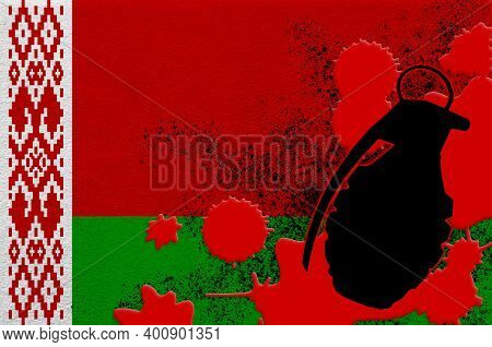 Belarus Flag And Mk2 Frag Grenade In Red Blood. Concept For Terror Attack Or Military Operations Wit