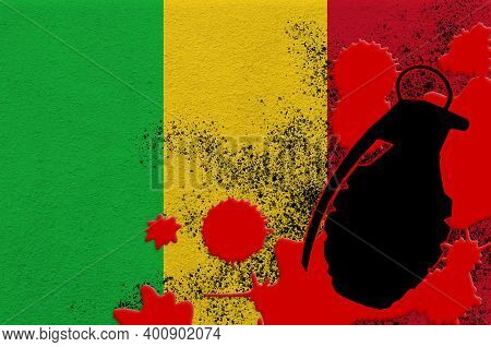 Mali Flag And Mk2 Frag Grenade In Red Blood. Concept For Terror Attack Or Military Operations With L