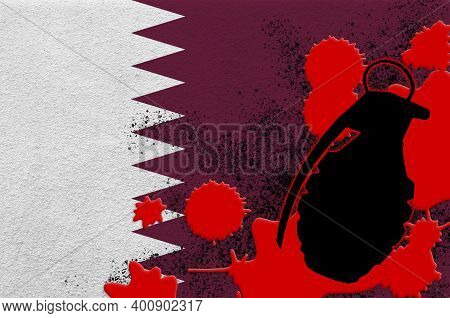 Qatar Flag And Mk2 Frag Grenade In Red Blood. Concept For Terror Attack Or Military Operations With 