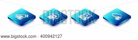 Set Isometric Line Usb Flash Drive With Lock, Cloud Api Interface, Hard Disk And And Computing Icon.