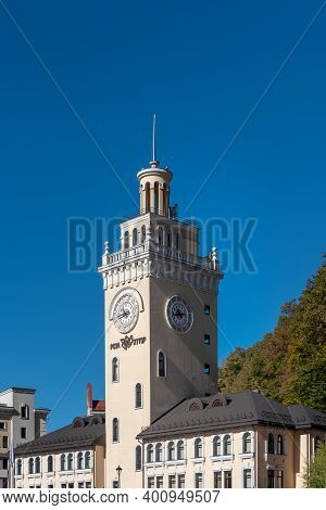 Roza Khutor (sochi), Russia - 10 18 2018: The Clock Tower And City Hall Of Roza Khutor, A Village In