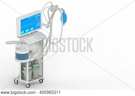 Medical 3d Illustration, Icu Artificial Lung Ventilator With Fictive Design Isometric View Isolated 