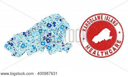 Vector Collage Kahoolawe Island Map With Vaccination Icons, Hospital Symbols, And Grunge Health Care