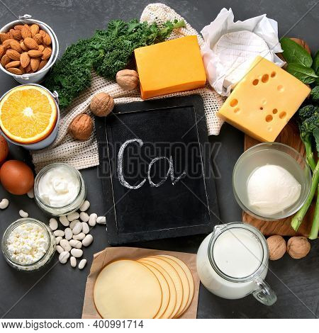 Healthy Diary And Non-diary Products Rich In Calcium On Dark Background