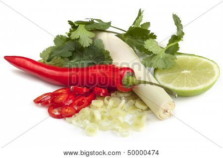 Red chilli, lemon grass, lime and cilantro or coriander, isolated.
