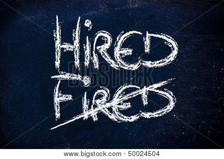 Hired Vs. Fired Message On Chalkboard