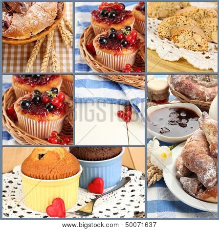 Collage di tema pasticceria composto da cuoco e dolci deliziosi