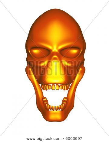 Červené Zlaté kovové alien lebka - pohled zepředu