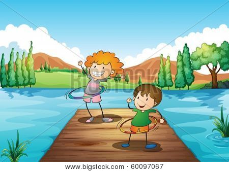 Illustration of the two kids playing hulahoop at the river