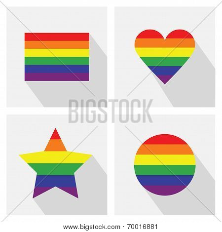 Pride flag stripe color icons in different shapes and long shadows