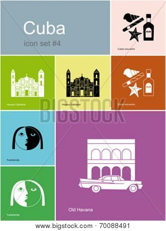 Landmarks of Cuba. Set of color icons in Metro style. Editable vector illustration.