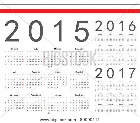 Set Of Polish 2015, 2016, 2017 Year Vector Calendars
