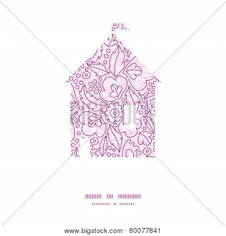 Vector pink flowers lineart house silhouette pattern frame