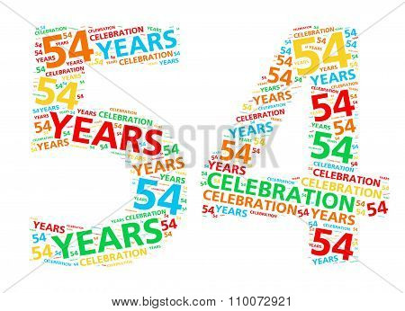 Colorful word cloud for celebrating a 54 year birthday or anniversary