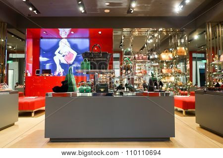 SINGAPORE - NOVEMBER 08, 2015: interior of Kurt Geiger store in The Shoppes at Marina Bay Sands. Kurt Geiger is a British footwear retailer.