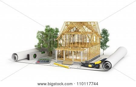 Concept Of Construction. 3D Render Of House In Building Process With Trees, Calculator And Pencil On