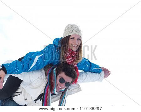 portrait of happy young romantic tourist  couple outdoor in nature at winter vacation