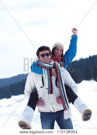 portrait of happy young romantic tourist  couple outdoor in nature at winter vacation
