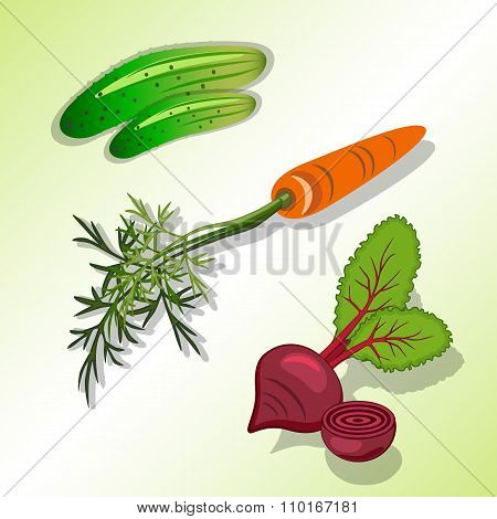 Food, vegetable set. Beet, carrot with tops, cucumber colored icon. Colorful silhouettes with shadow