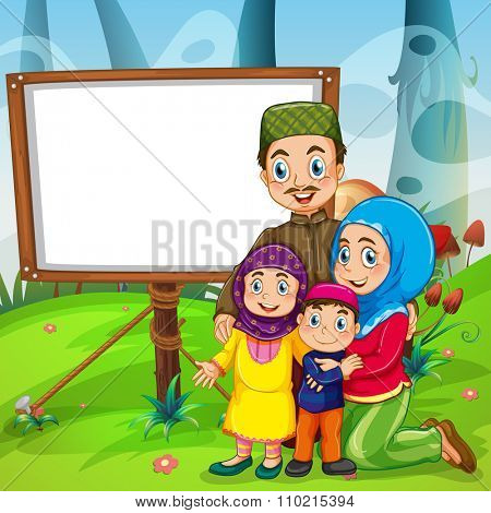 Border design with muslim family illustration