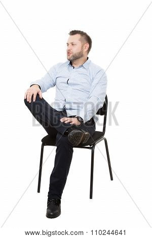 man sitting on chair. Isolated white background. Body language. gesture. Training managers. sales ag