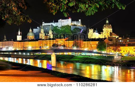 Salzburg With Castle Hohensalzburg At Night, Austria